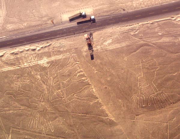 Nazca hands, tree, observation tower and Panamerican highway