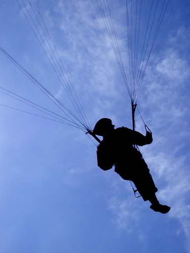 Photograph of a paraglider in silhouette against a blue, cirrus rippled sky. Just his outline and lines are visible, the paraglider itself is out of shot.