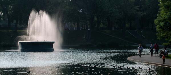 Biking through fountain park