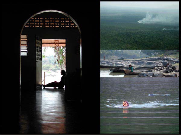 Silhouette of a woman in Manapiare resting in an arched doorway.  Fires burning in the rainforest of Venezuela.  Children playing in bongos.  Marco swimming with dolphins in the fresh water, inland river.  