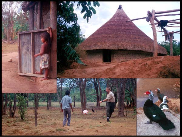 Child of the remote farm, circular traditional guest hammock house, soccer near the airfield, future food for the family - ducks.