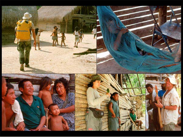 Marco with traditional village children.  Girl in hammock.  Family style village.  Maria holding Luis' new parakeet.  Marco holding his new arrows.