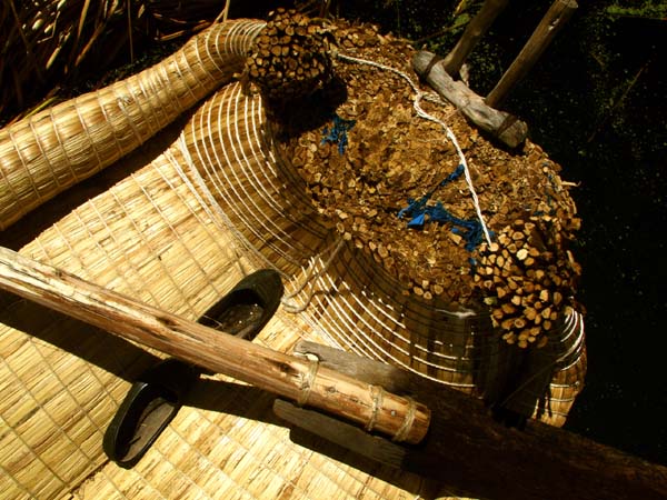 Reed boat, paddle and shoes