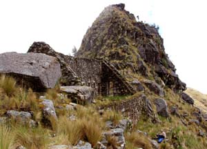 Looking back at the front of Inca Wasi from a viewing platform to the northwest, showing the recessed position of the building