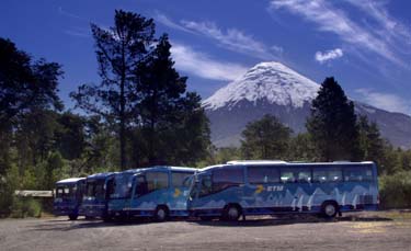 ETM buses in the parking lot at Petrohue, on the shore of Lago Todos los Santos